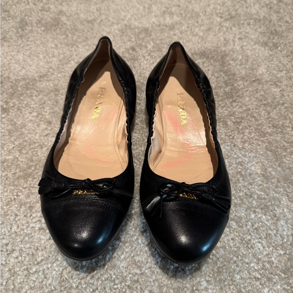 Prada Black Leather Ballet Flats with Bow Detail